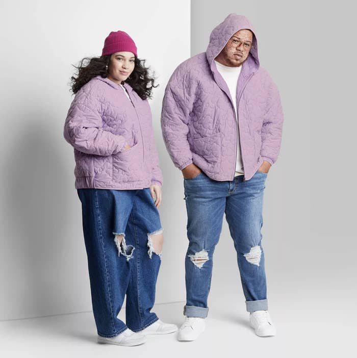 two models wearing the quilted jacket in purple