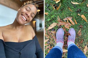 A woman is smiling with the sun on her face on the left and a pair of shoes is on a grassy lawn with leaves on the right. 