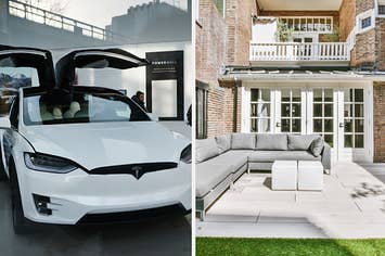 A Tesla is on display on the left with a backyard shown on the right