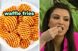 On the left, some waffle fries on a plate, and on the right, Kim Kardashian eating fries