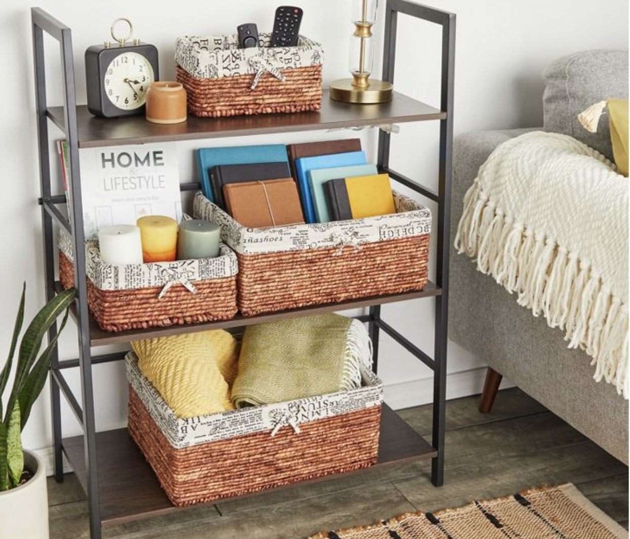 The storage baskets with items inside on shelves.