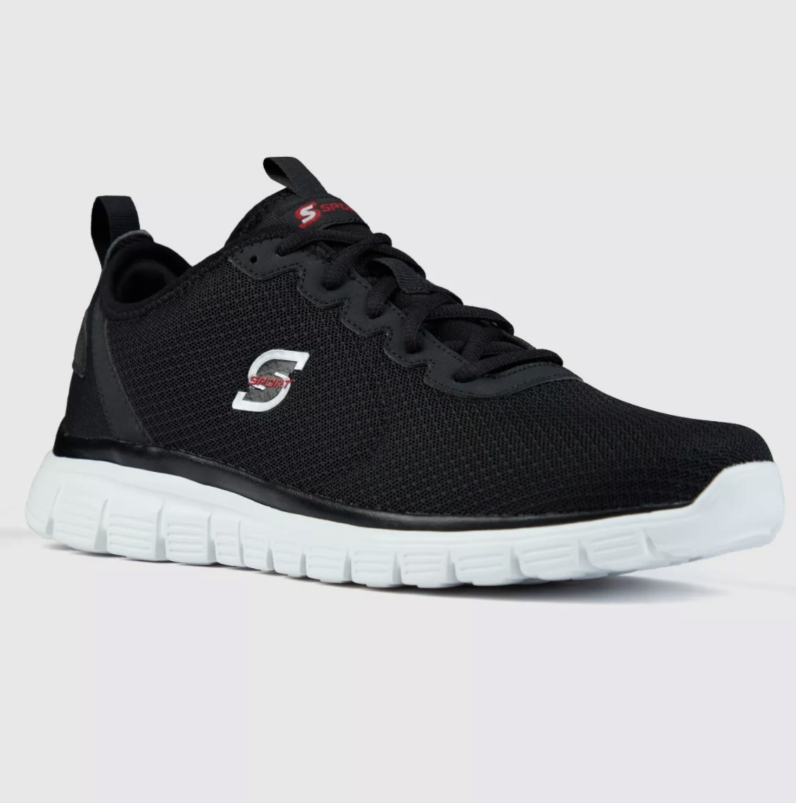 The black sneakers have a white chunky sole and a white S with &quot;SPORT&quot; written in red on the side