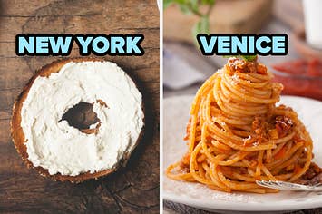 On the left, a bagel with cream cheese labeled New York, and on the right, some spaghetti bolognese labeled Venice