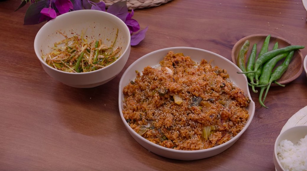 Fried rice, peppers, and cucumber salad