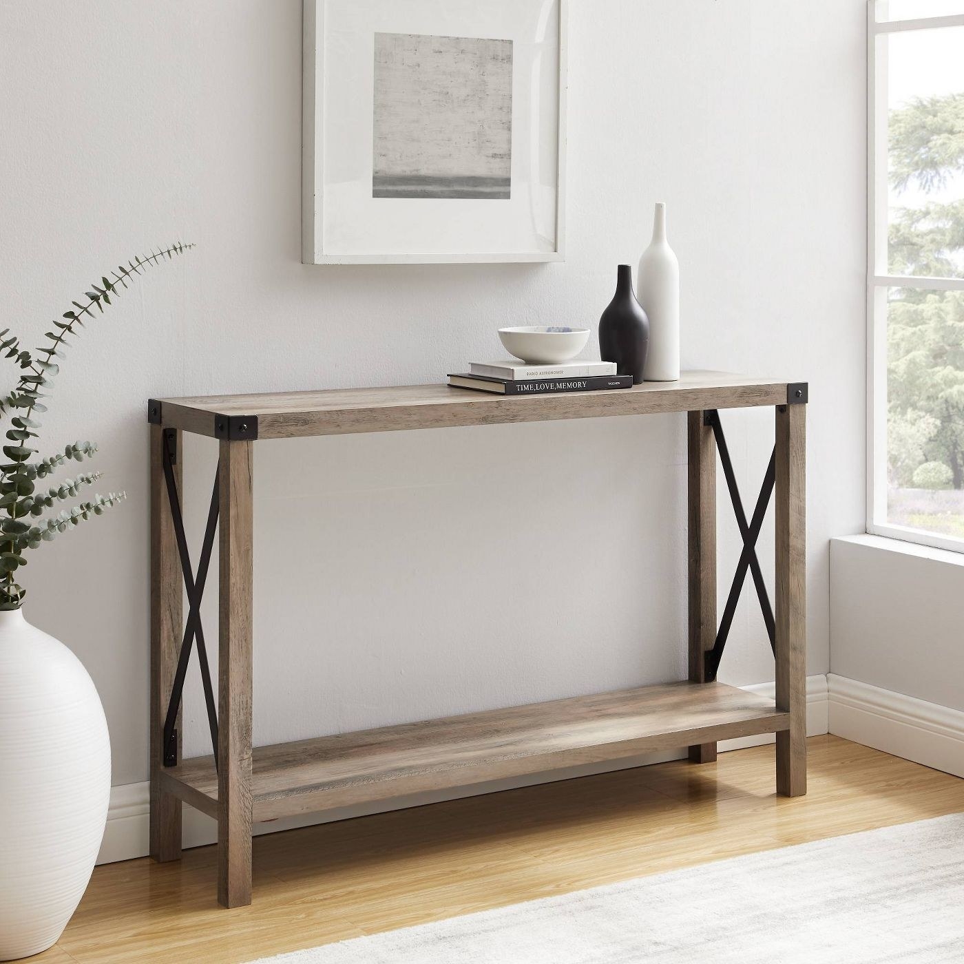 gray wood rustic farmhouse console table against a white wall