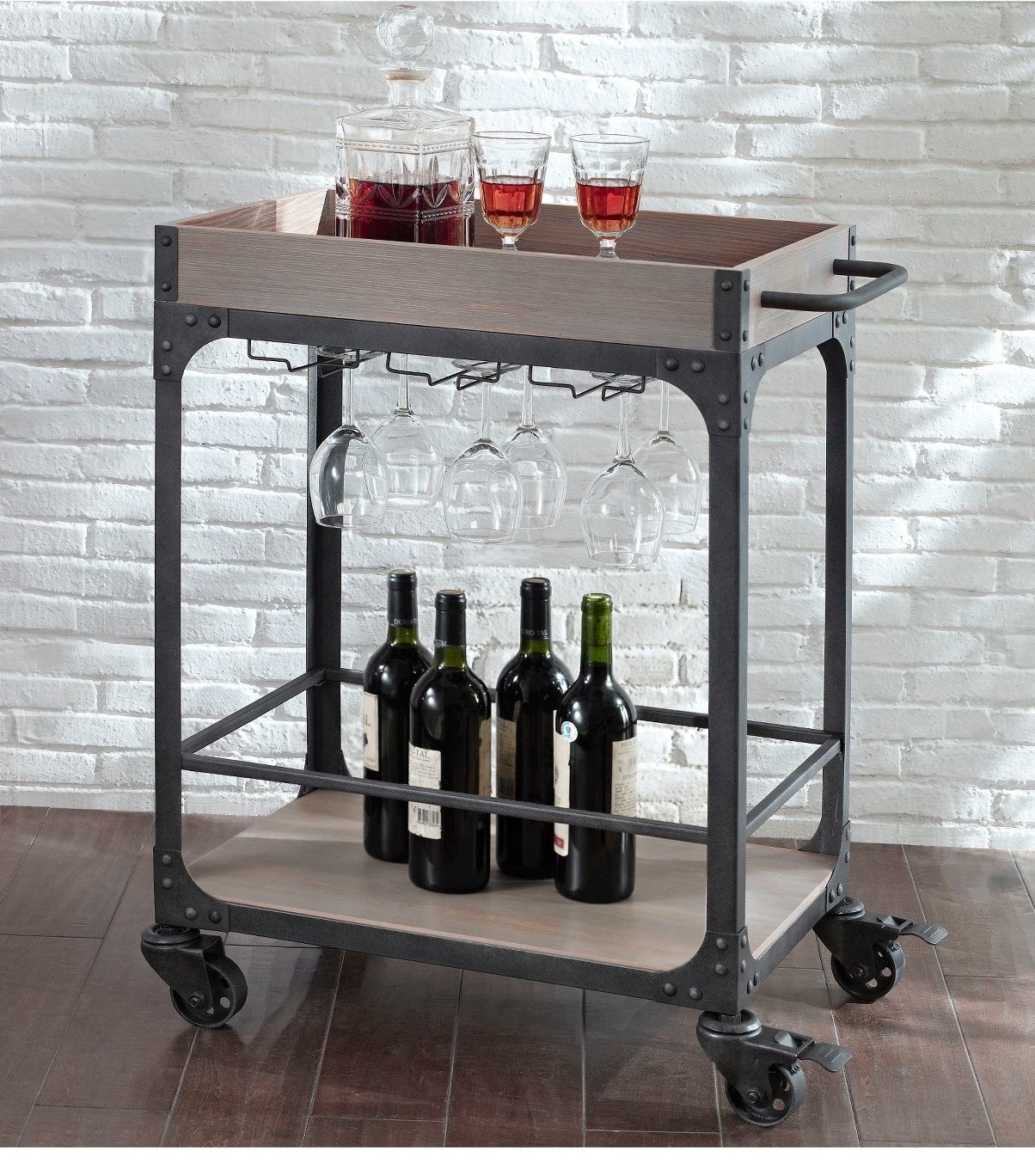 wood and metal bar cart with two shelves and wheels