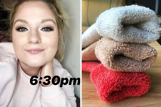 on left reviewer wearing eye makeup and on right multi-colored fuzzy socks