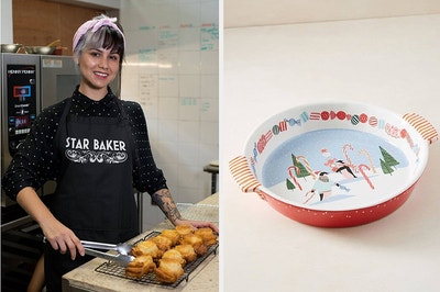 to the left: a model in a star baker apron, to the right: a pie dish with a wintry scene in it