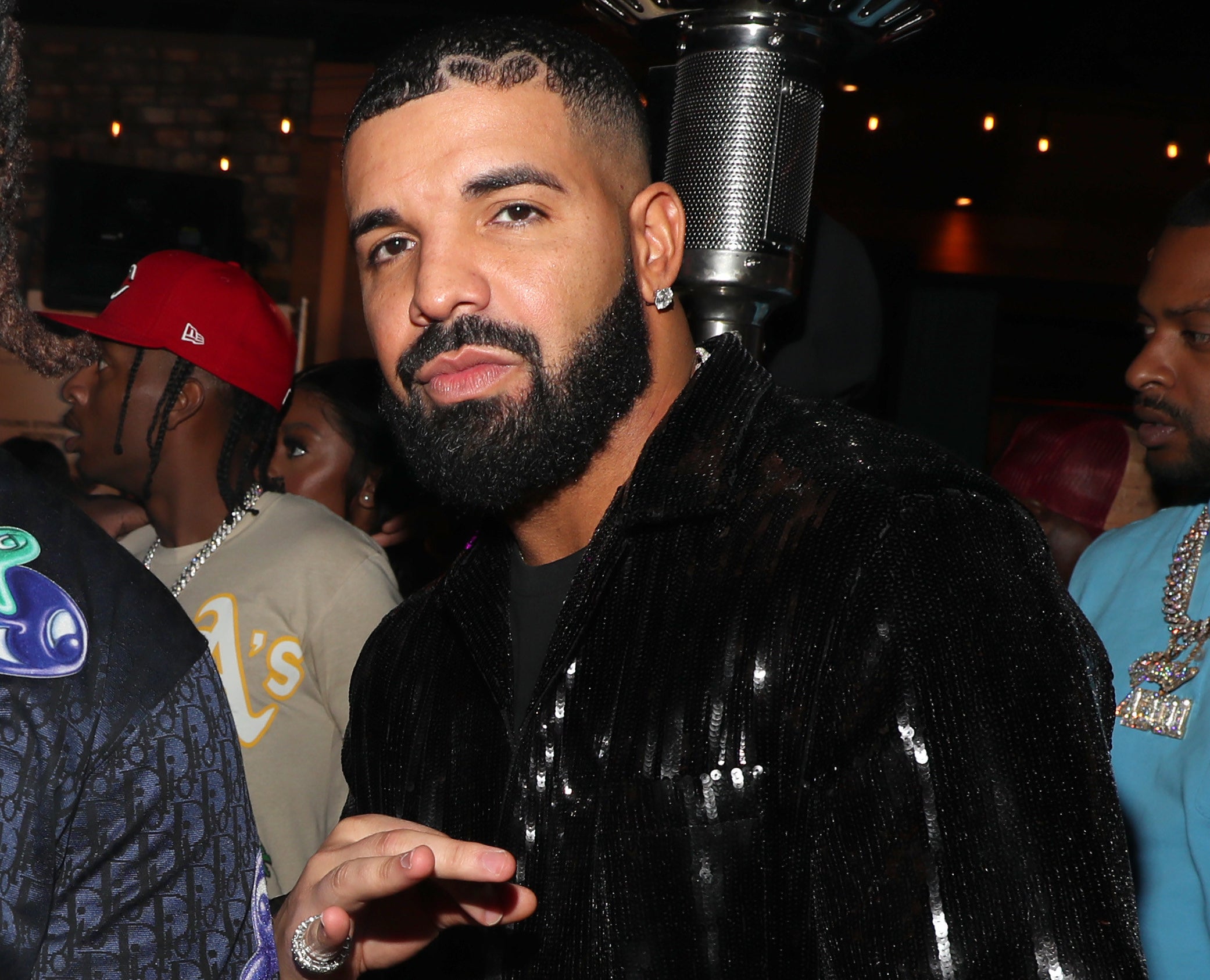 A closeup of Drake