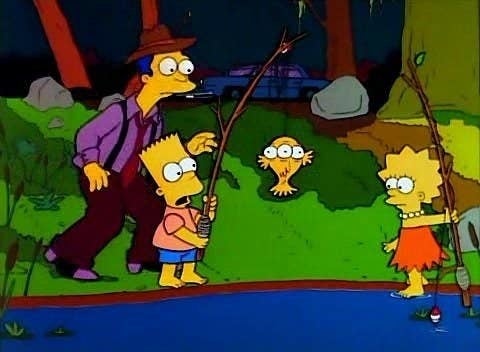 bart and lisa look in shock as they have caught a three-eyed fish