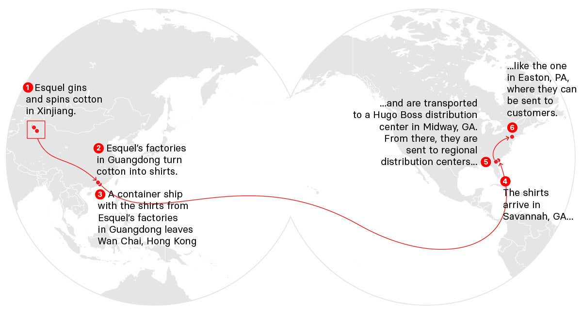 A map shows the path of cotton, spun in Xinjiang, traveling to where its sold in the US