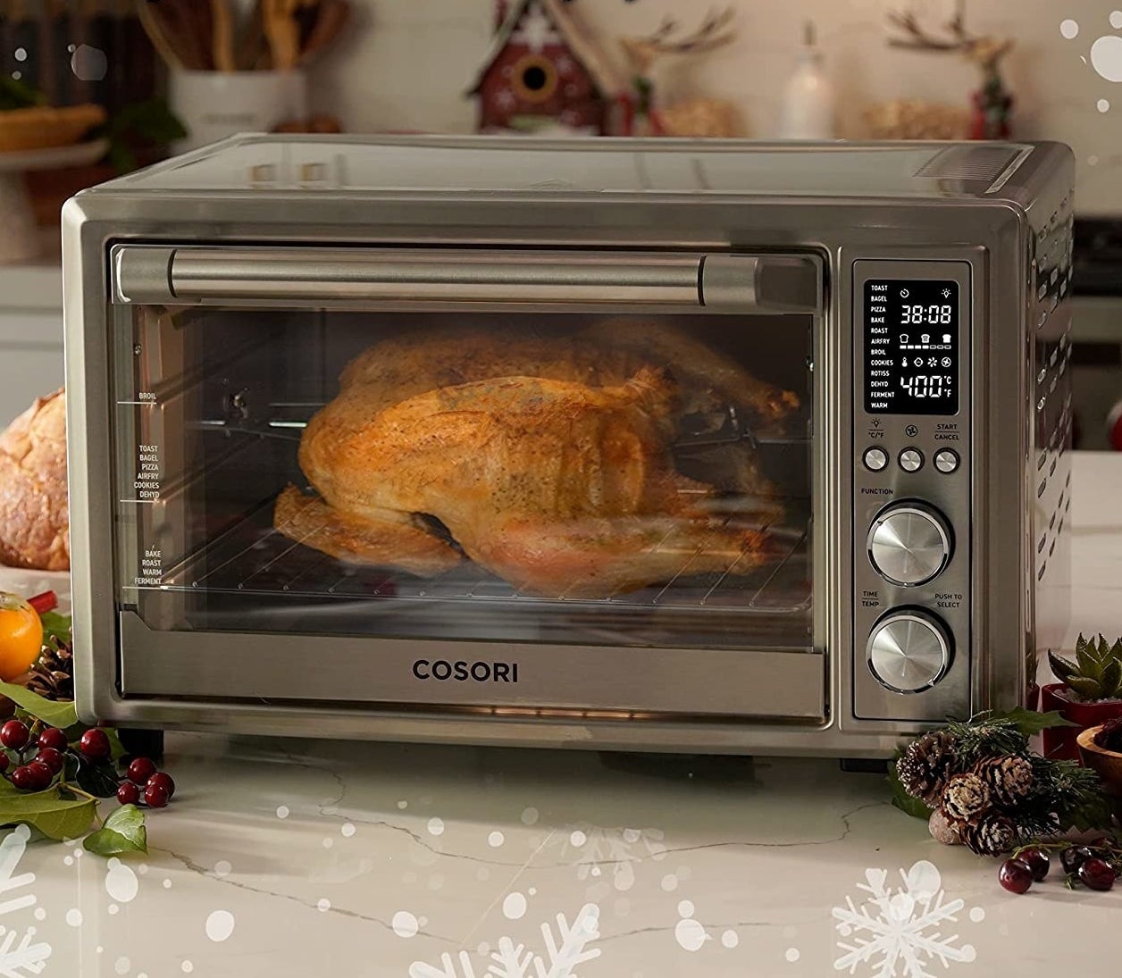 A rotisserie chicken inside the oven