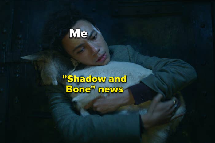 Meme of a man holding a pillow and the pillow is caption &quot;Shadow and Bone&quot; news