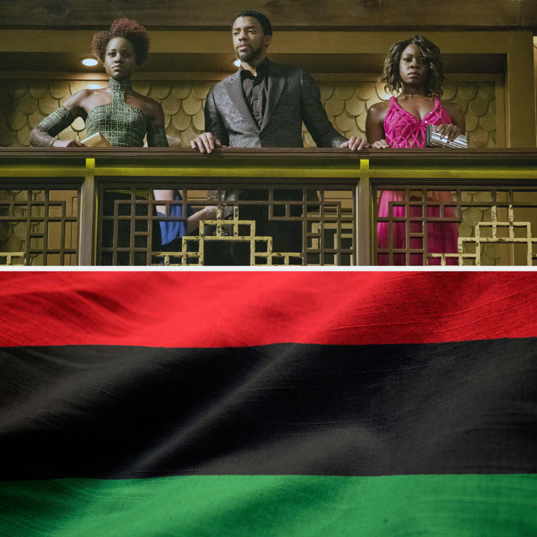 Nakia in green, T&#x27;Challa in black, and Okoye in red, over an image of the Pan-African flag