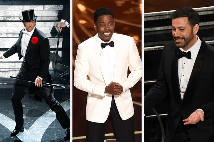 Hugh Grant singing and dancing as host on the left, Chris Rock hosting in the middle, and Jimmy Kimmel hosting on the right