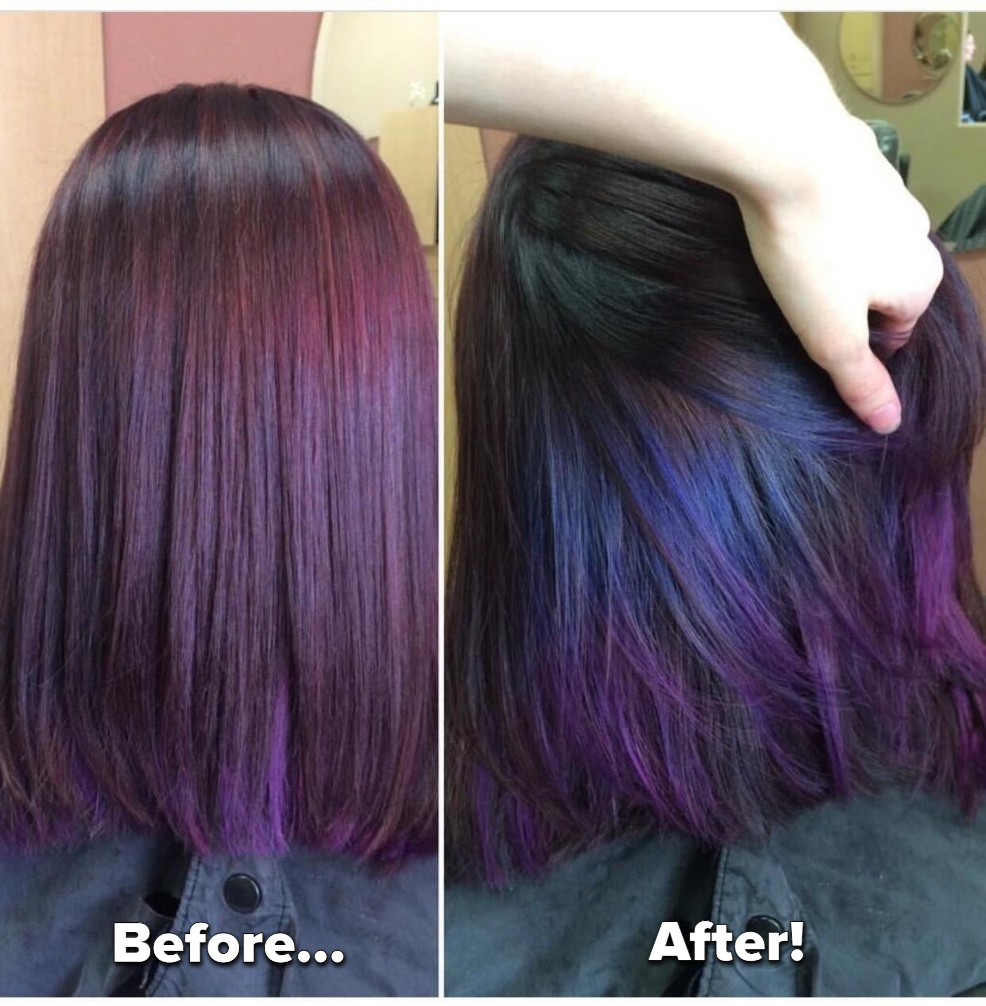 reviewer before and after photo showing how after using the hair treatment, their dyed hair has more shine and looks more hydrated