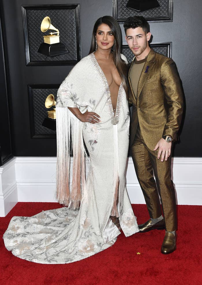 Priyanka and Joe posing on the Grammy&#x27;s red carpet