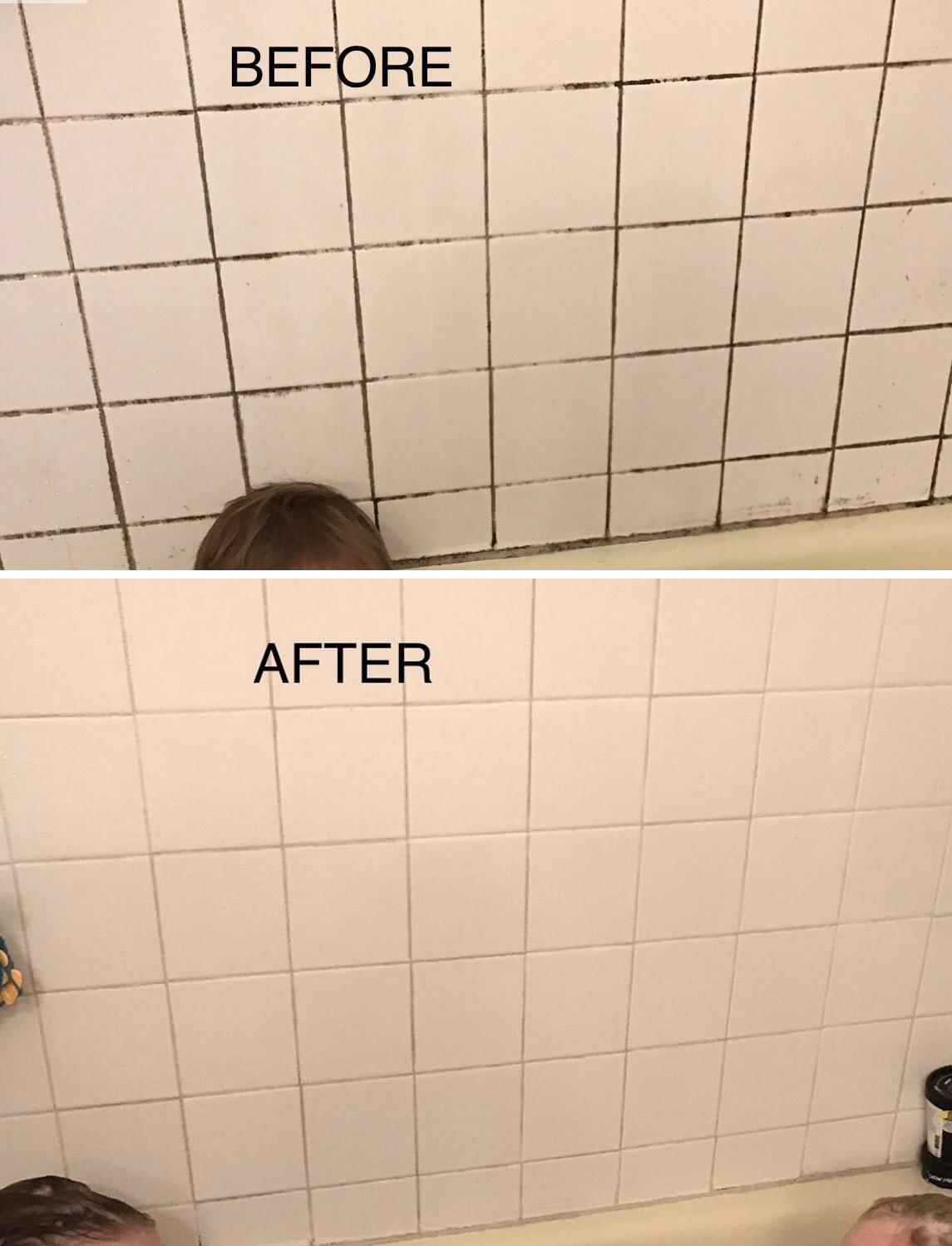 reviewer&#x27;s tile bathtub wall before, with grout black with mold, and after, with grout completely clean