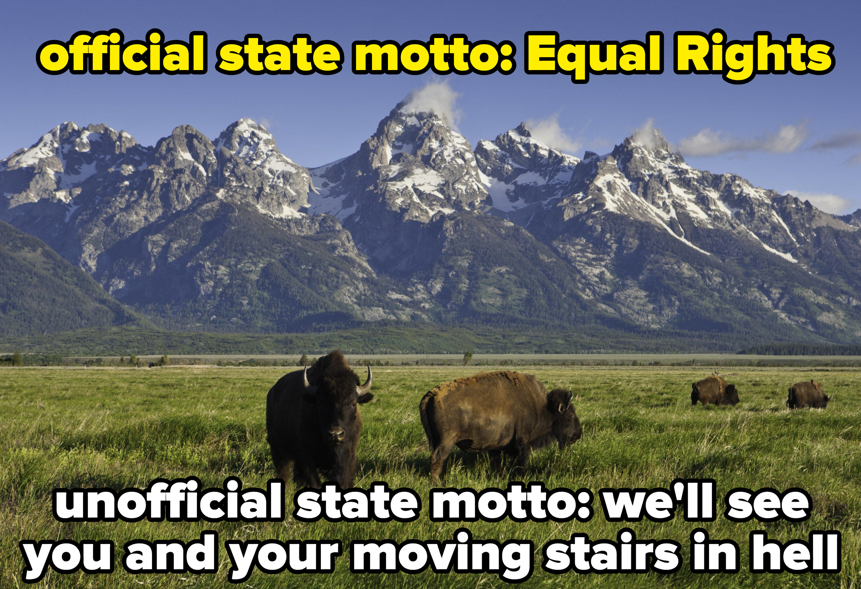The mountainous landscape of Wyoming, with caption: Official State Motto: Equal Rights. Unofficial State Motto: We&#x27;ll see you and your moving stairs in hell.