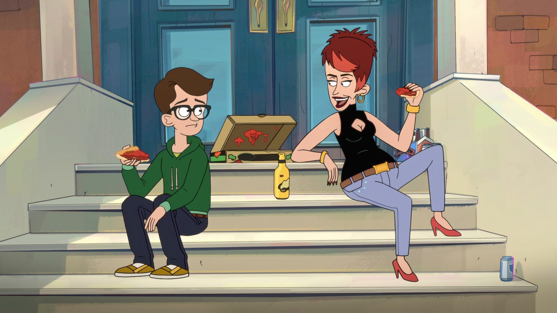 Diana and Rory sit on a stoop eating pizza on &quot;Chicago Party Aunt&quot;