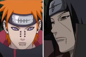 Pain looking intimidating on the left and Itachi with a stern look on his face on the right with a cut on his face