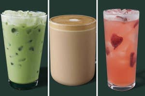 Three split images of various Starbucks drinks