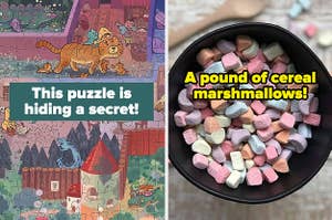L: text on an image of an illustrated puzzle that says "this puzzle is hiding a secret" R: black bowl filled with rainbow-colored cereal marshmallows with text on the image that says, "a pound of cereal marshmallows!"