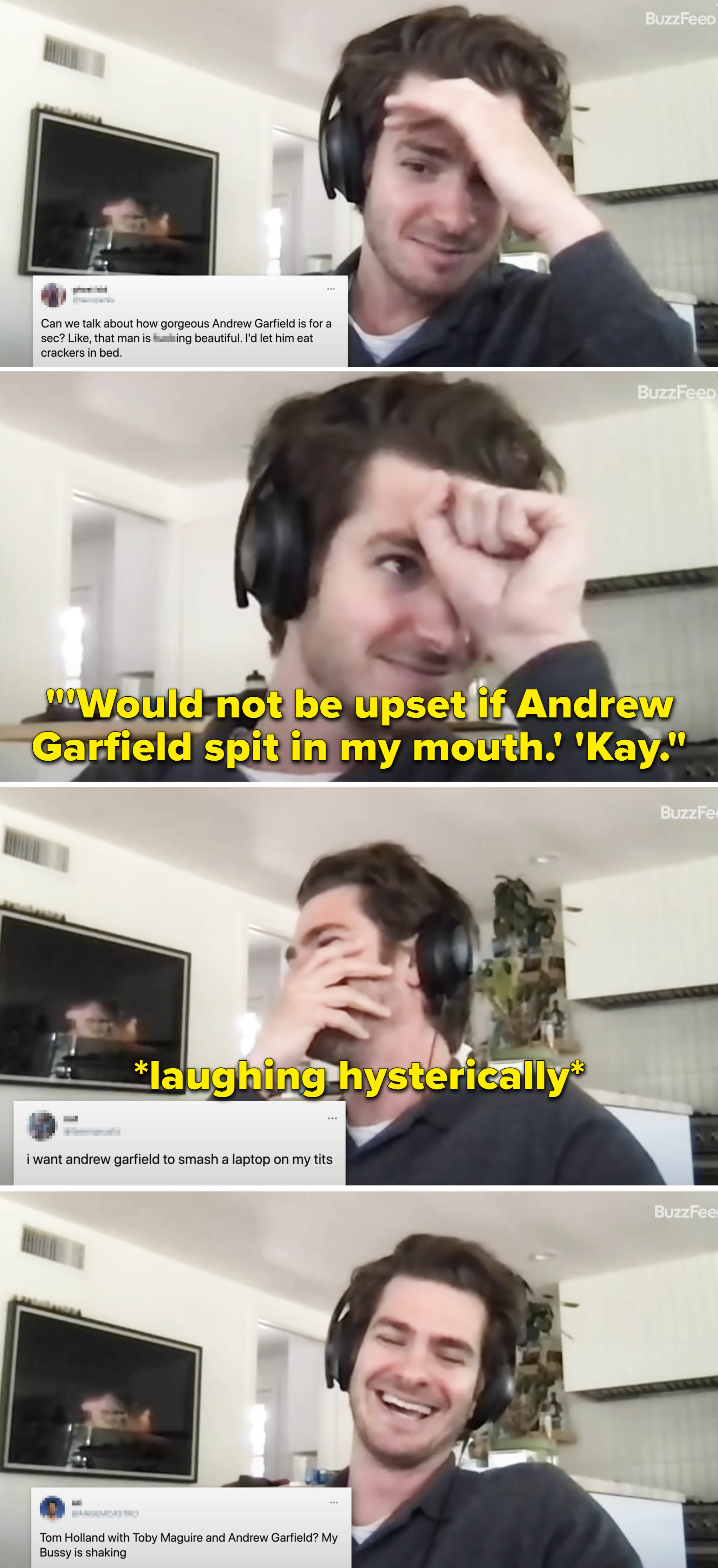 Andrew laughing and reading tweets that ask him to spit in his mouth, smash a laptop on someone&#x27;s boobs, and more