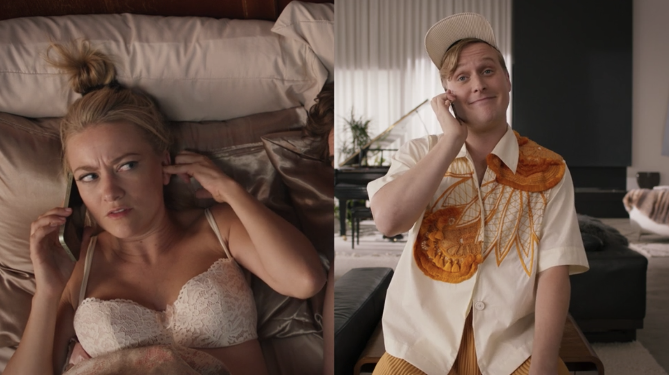 Meredith Hagner and John Early talking on the phone.