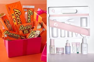 a box of Reese's candies; small Glossier products