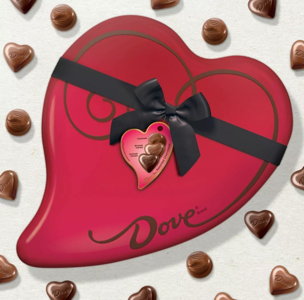 the heart-shaped box of Dove chocolates