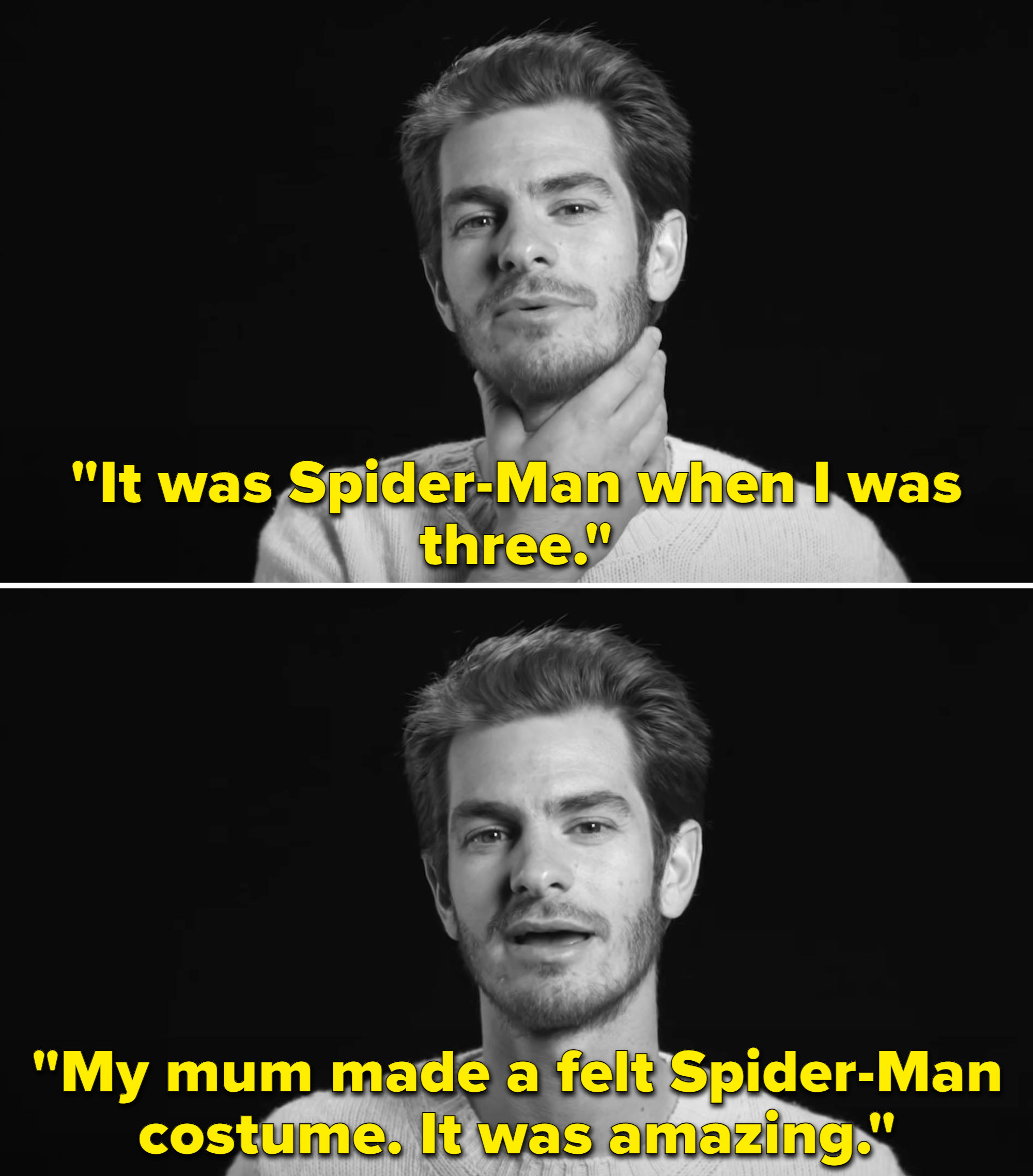Andrew explaining that his mom made a Spider-Man costume for him out of felt