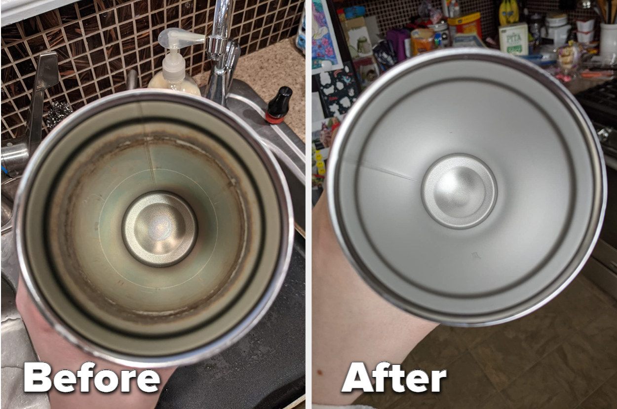 a before and after photo of a reviewer's dirty bottle now clean