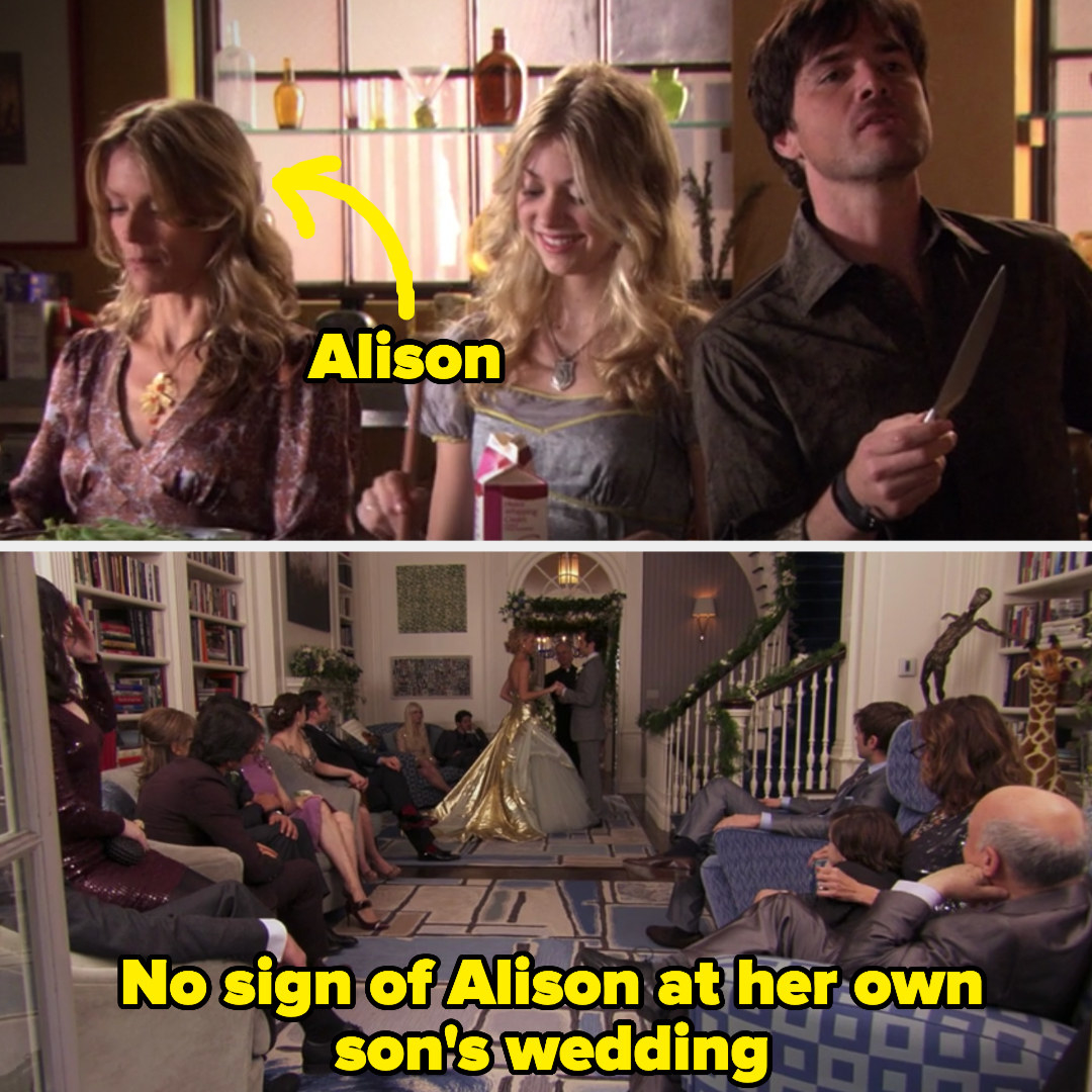 Rufus, Jenny, and Alison at Thanksgiving then a photo of Dan and Serena&#x27;s wedding with the caption &quot;no sign of alison at her own son&#x27;s wedding&quot;
