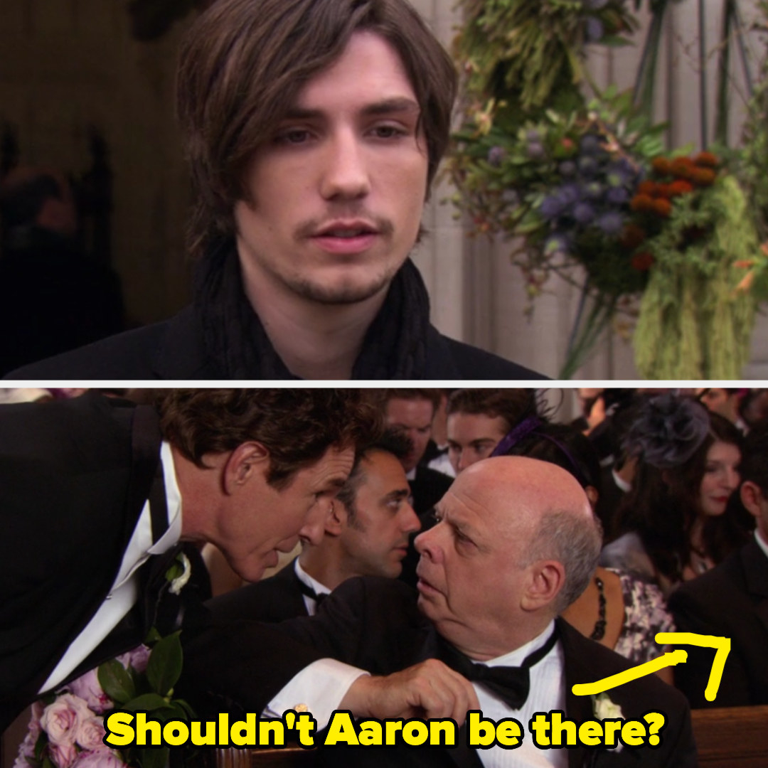 Aaron then a picture of Cyrus and Harold at Blair&#x27;s wedding with the space next to Cyrus labeled &quot;shouldn&#x27;t Aaron be there?&quot;