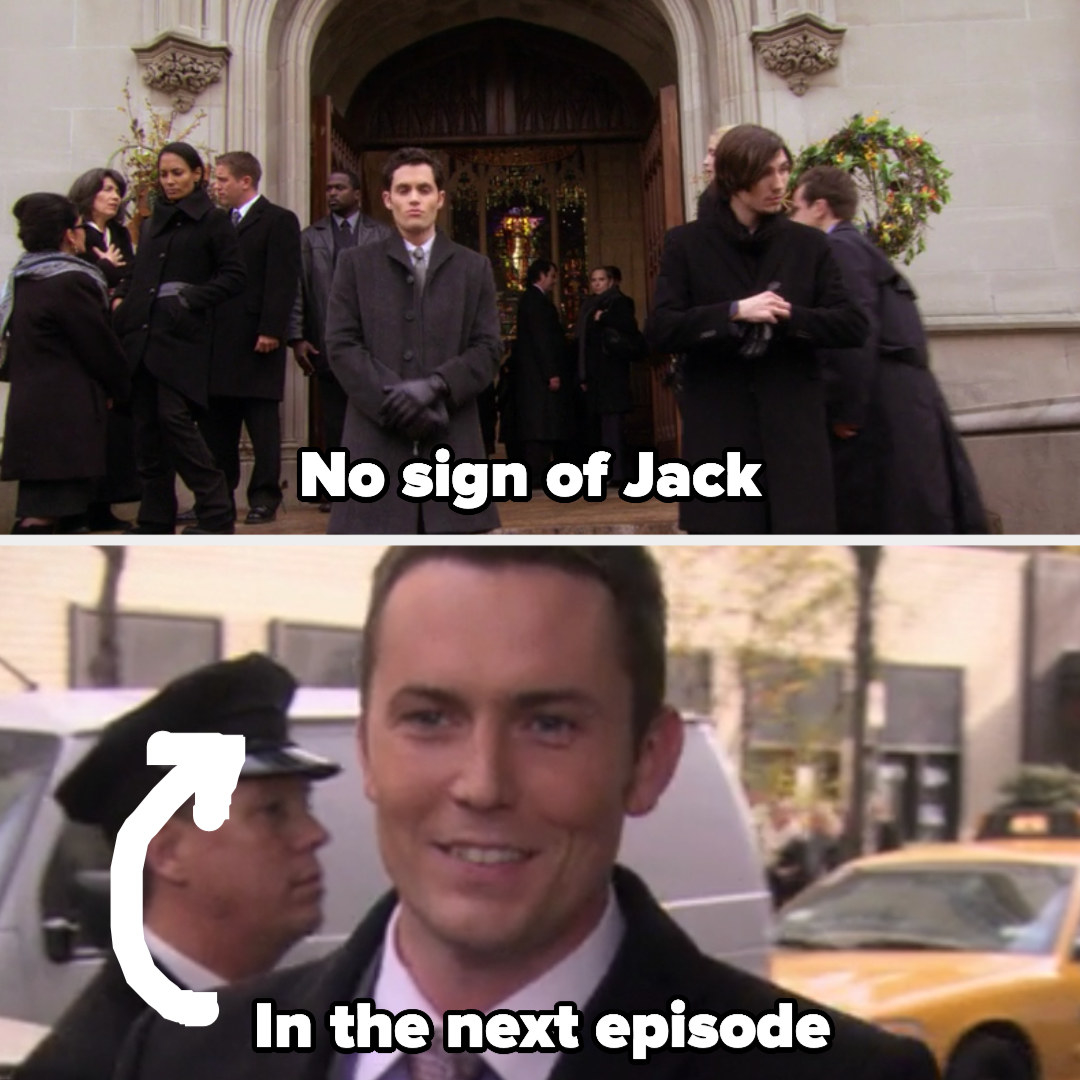 Bart&#x27;s funeral with label &quot;no sign of jack&quot; then a picture of jack in the next episode