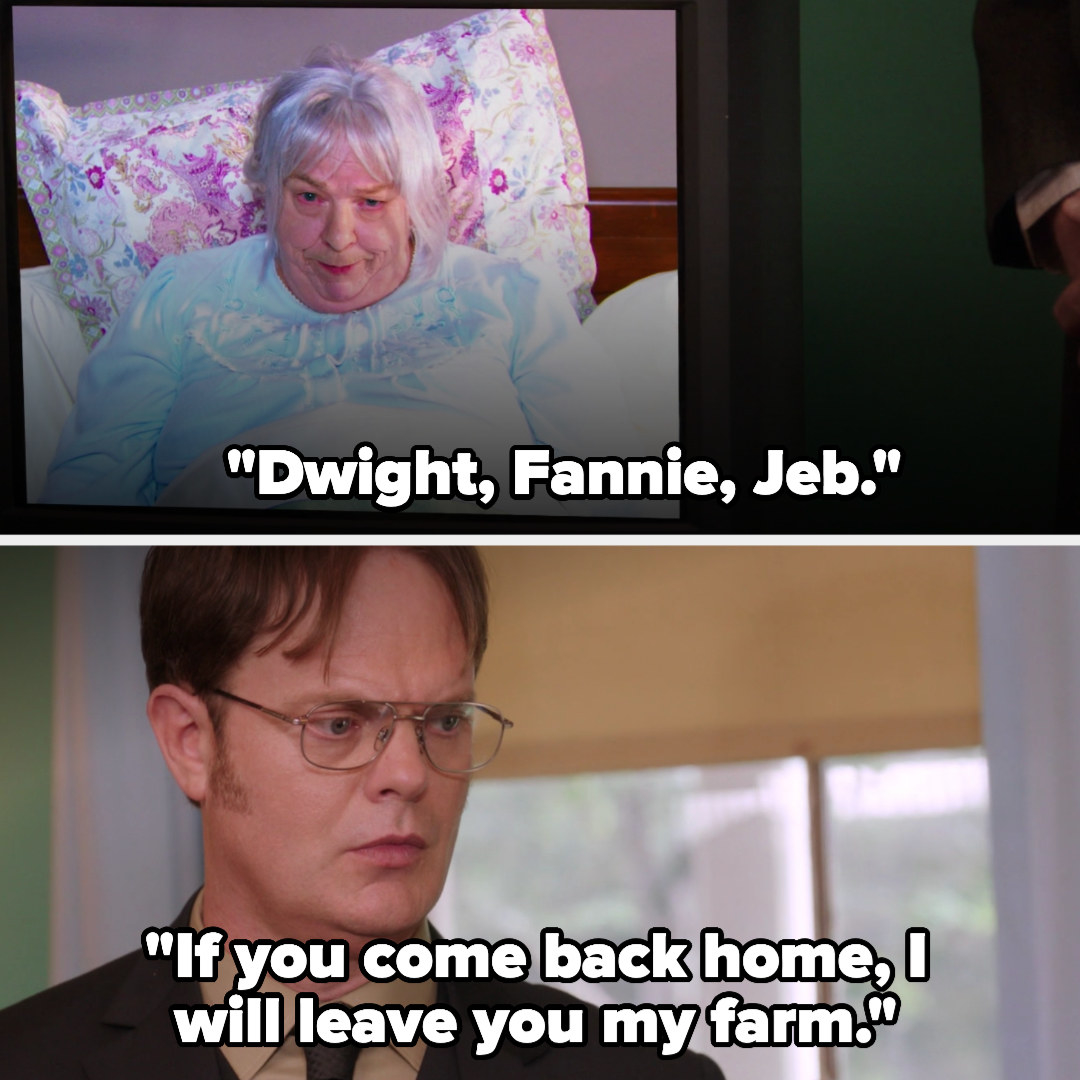 Dwight&#x27;s aunt tells Dwight, Fannie, and Jeb that if they move home, she&#x27;ll leave them her farm