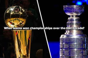 NBA Championship trophy and NHL Stanley Cup