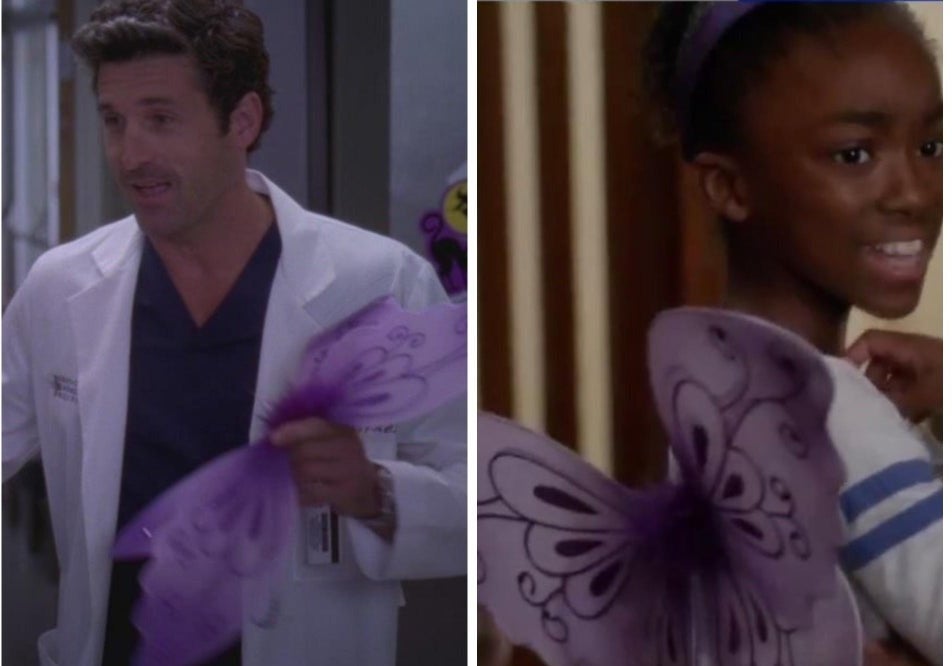 A side by side of Derek holding butterfly wings, and Zola wearing the same wings