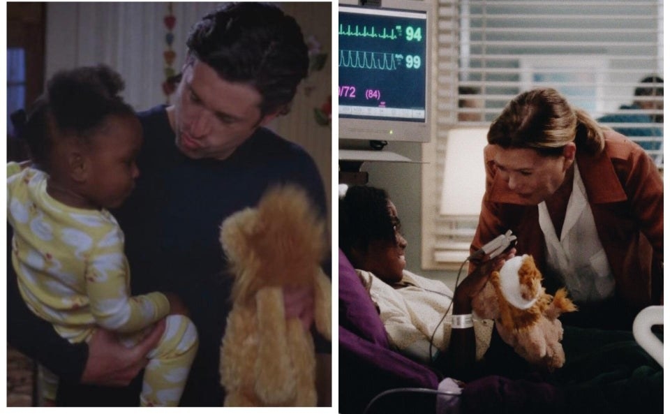A side by side of Derek holding baby Zola and a stuffed lion, and Zola in a hospital bed with Meredith and the same lion