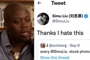 (Left) Titus Burgess in "Unbreakable Kimmy Schmidt" (Right) Simu Liu tweeting that he hates his stock photos