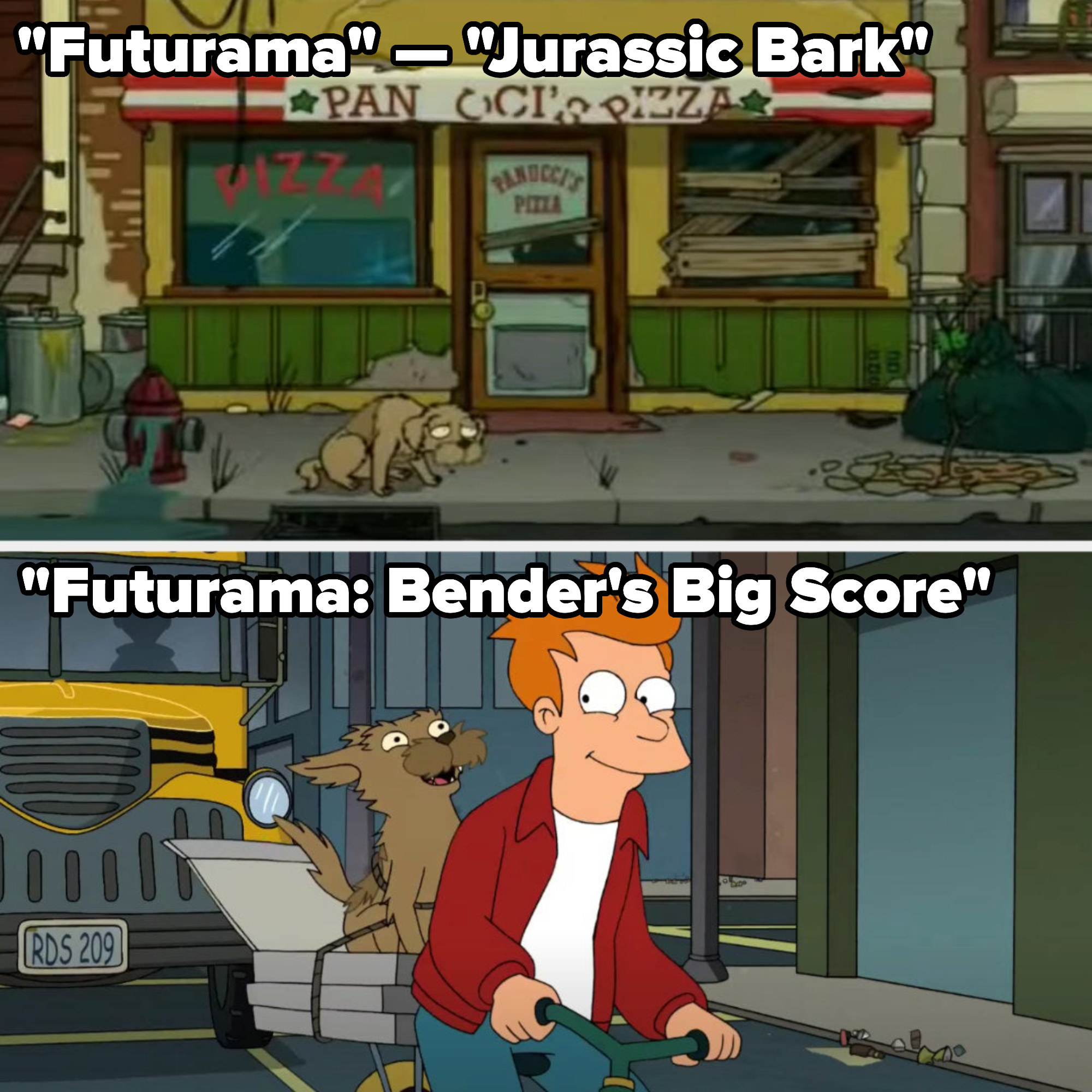 Seymour dying of old age in front of the pizza place in Futurama &quot;Jurassic Bark,&quot; and him with Fry in Futurama: Bender&#x27;s Big Score