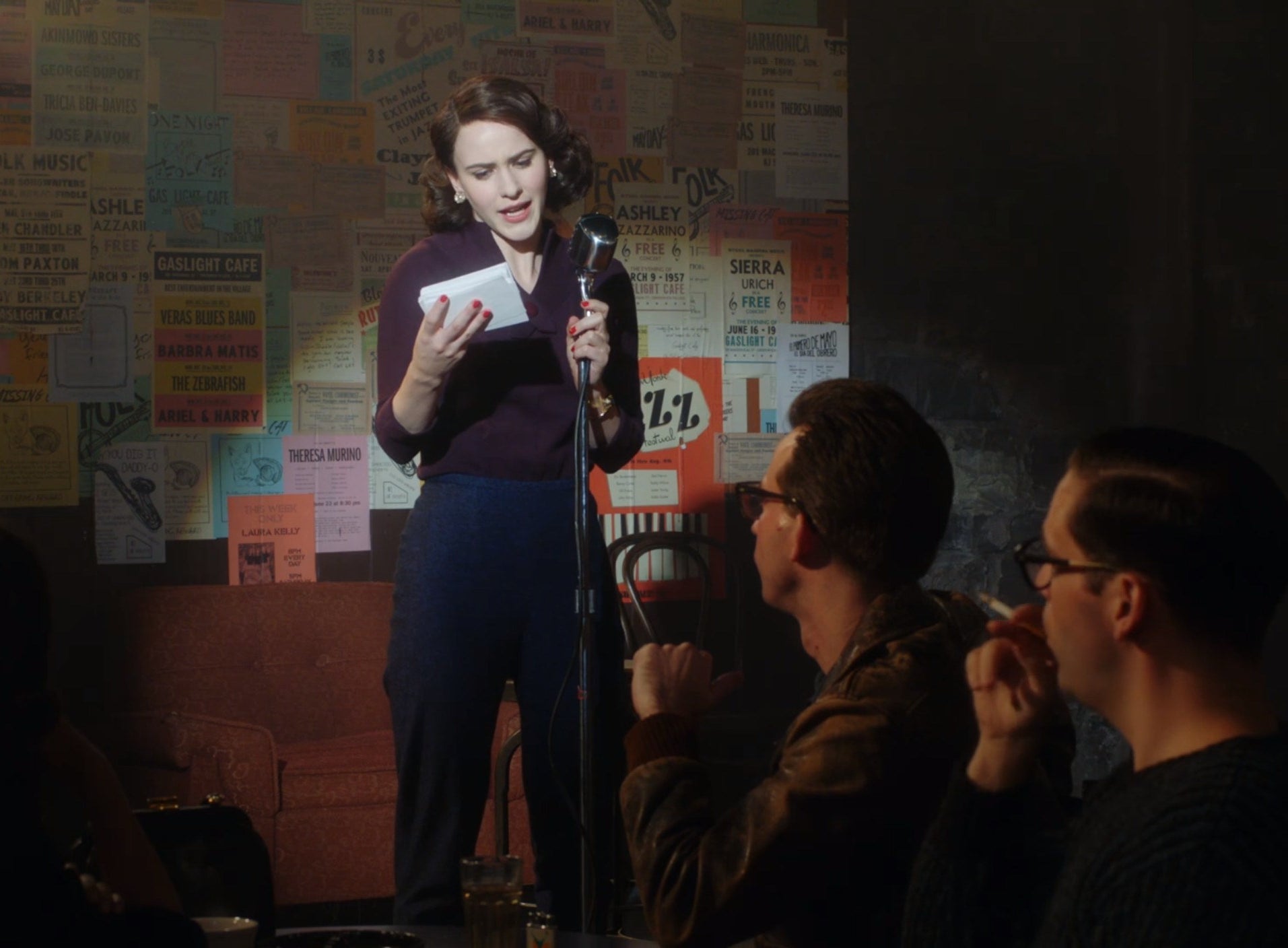 Screenshot from Mrs. Maisel shows Midge performing onstage