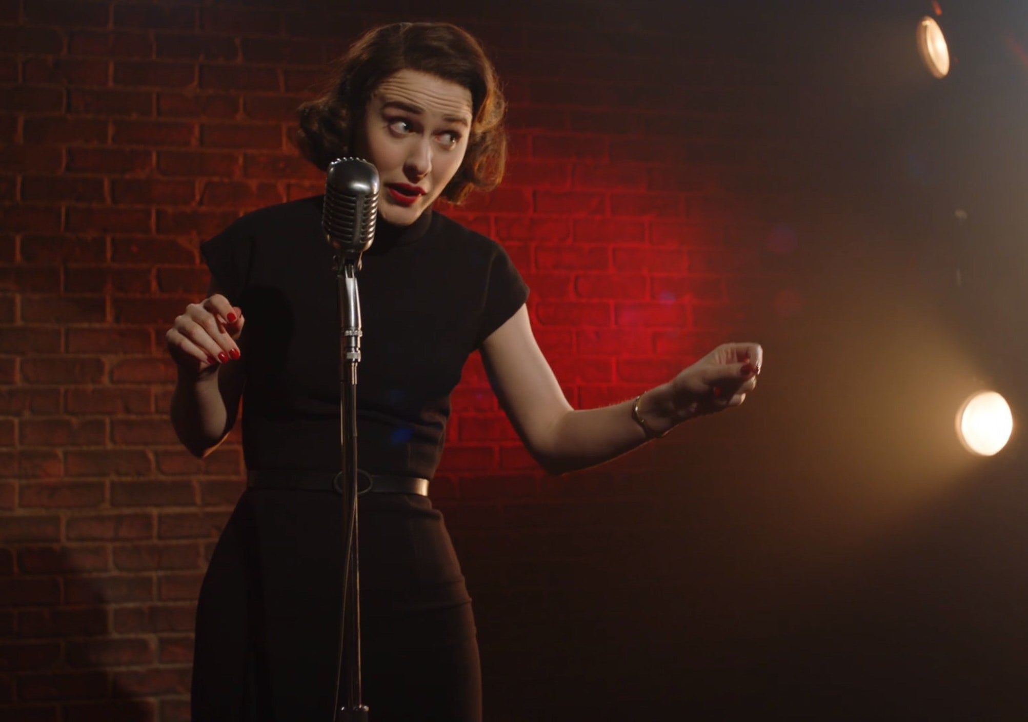Screenshot from Mrs. Maisel shows Midge preforming on stage