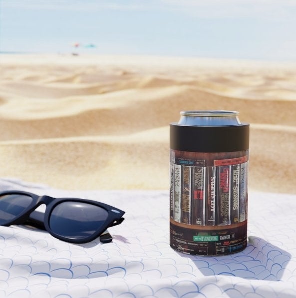 Stephen King can cooler with a can in it on a beach