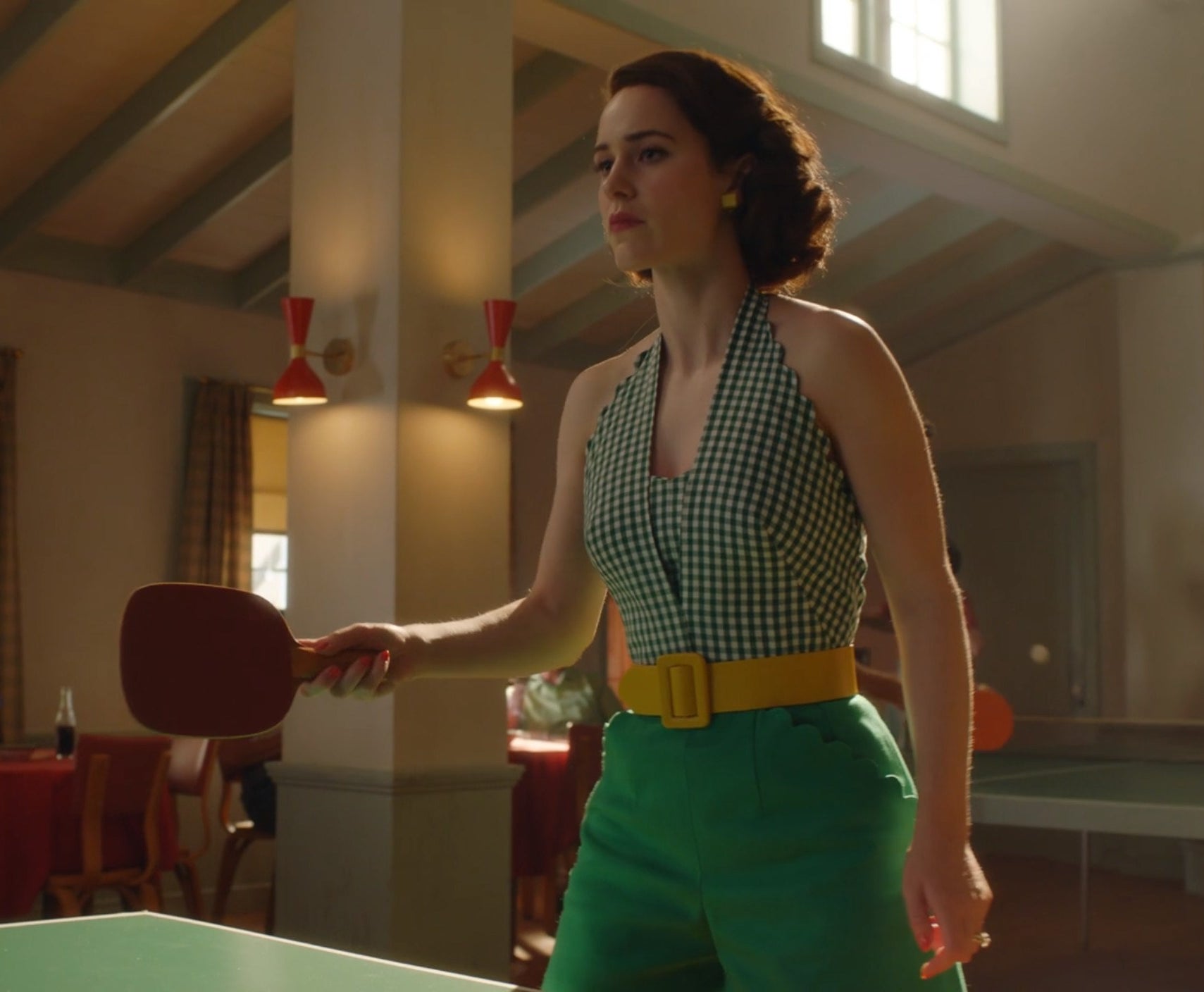 Screenshot from Mrs. Maisel shows Midge playing ping pong