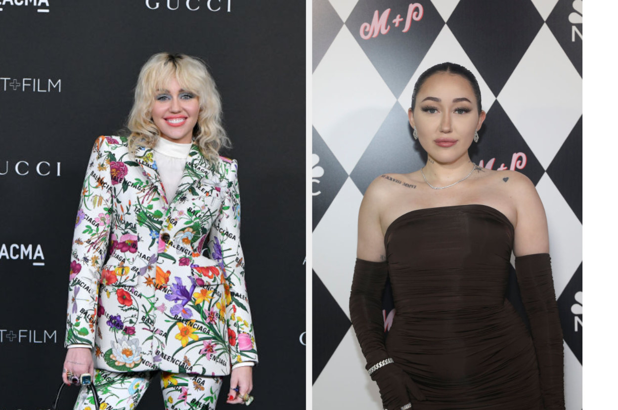 Side-by-sides of Miley and Noah Cyrus on red carpets
