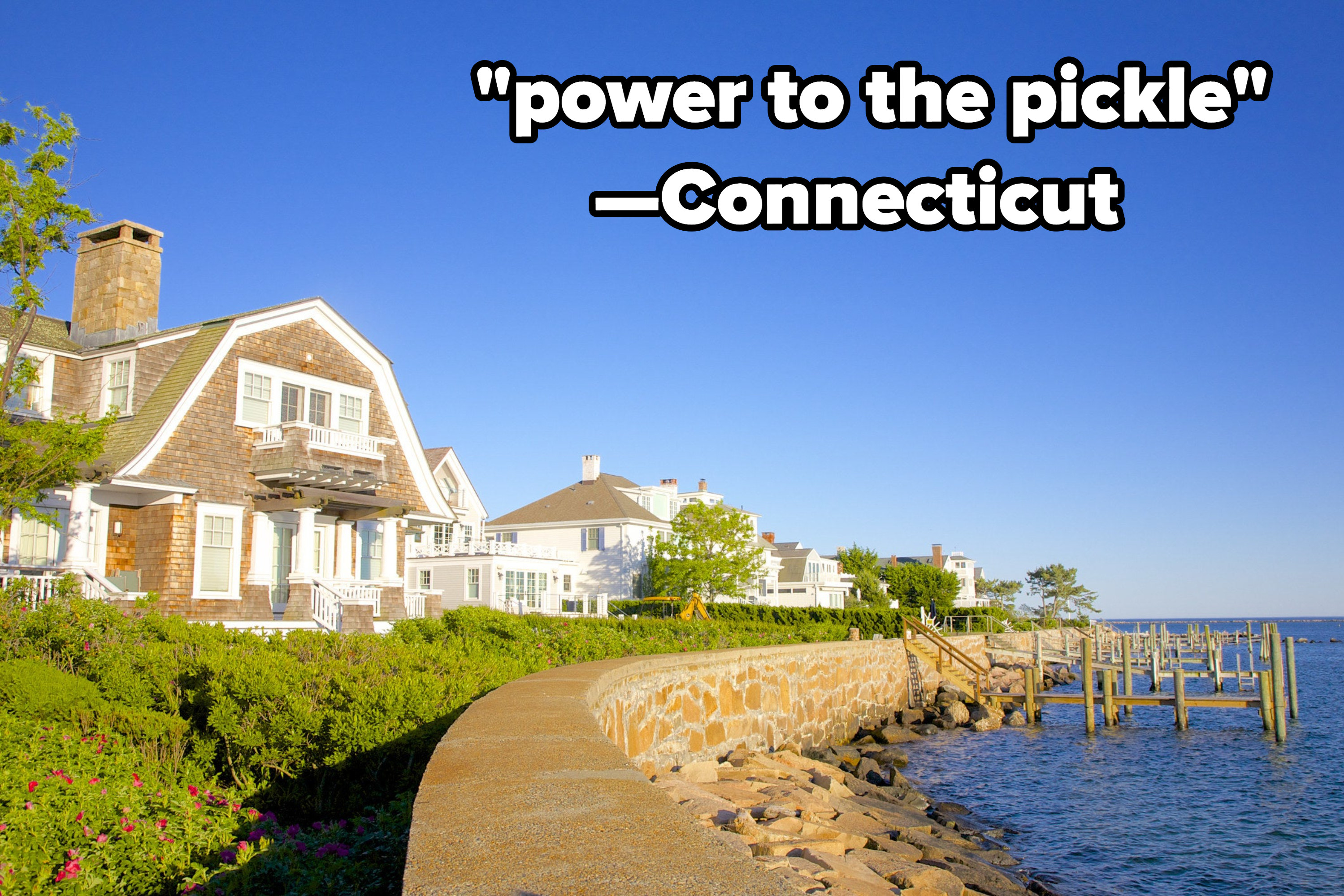 A row of seaside houses in Connecticut, with quote: &quot;power to the pickle&quot; - connecticut