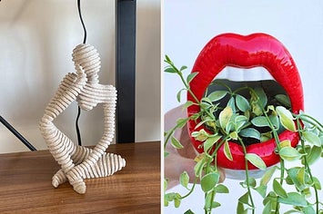 on the left a thinking man statue; on the right a ceramic mouth planter