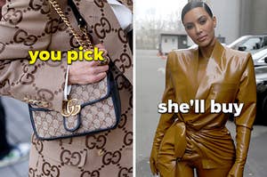 A Gucci bag matches a coat on the left labeled, "you pick" with Kim Kardashian on the right labeled, "she'll buy"